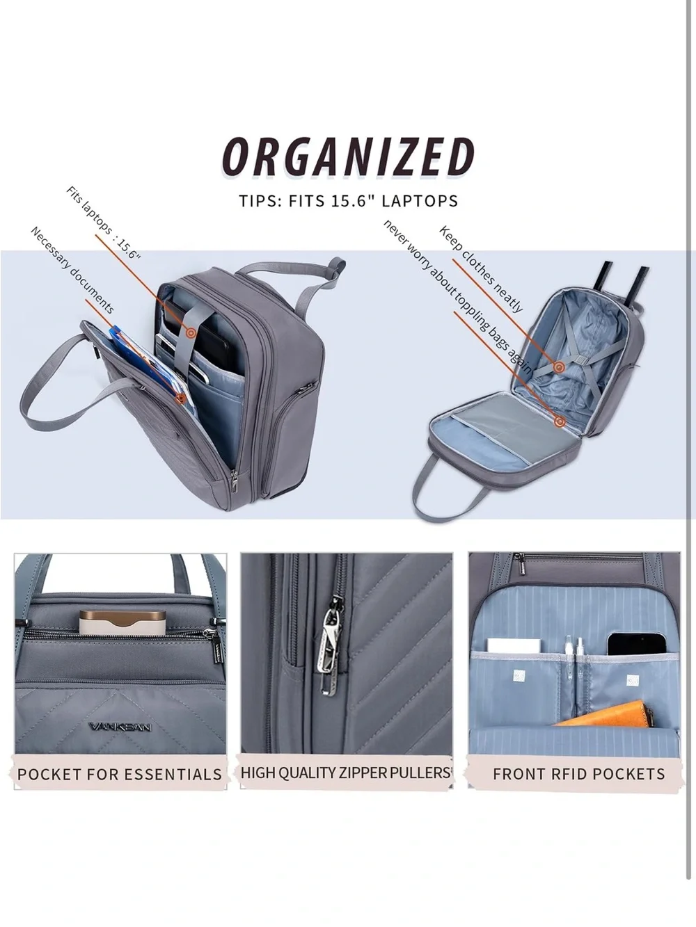 Vankean Quilted Carry-On Travel Bag - Gray